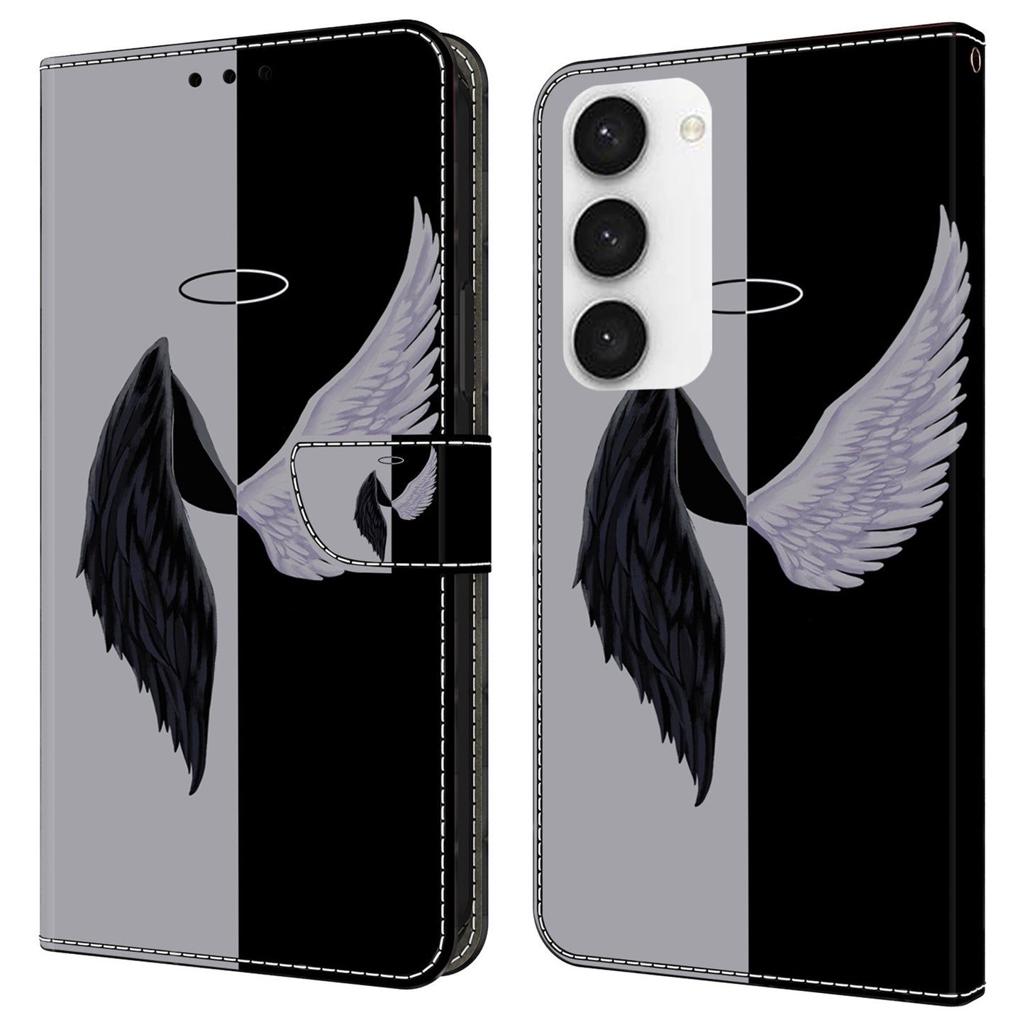 For Samsung Galaxy S24+ Case Shockproof PU Leather 3D Pattern Phone Wallet Cover - Black  /  White Wings