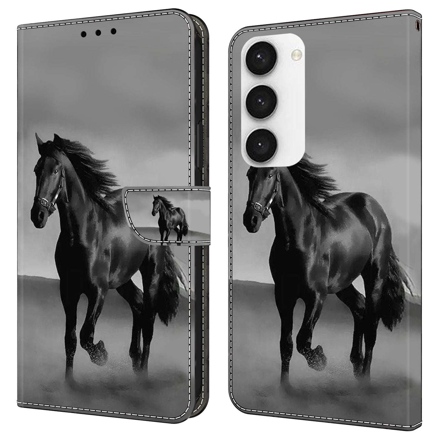 For Samsung Galaxy S24+ Case Shockproof PU Leather 3D Pattern Phone Wallet Cover - Black Horse