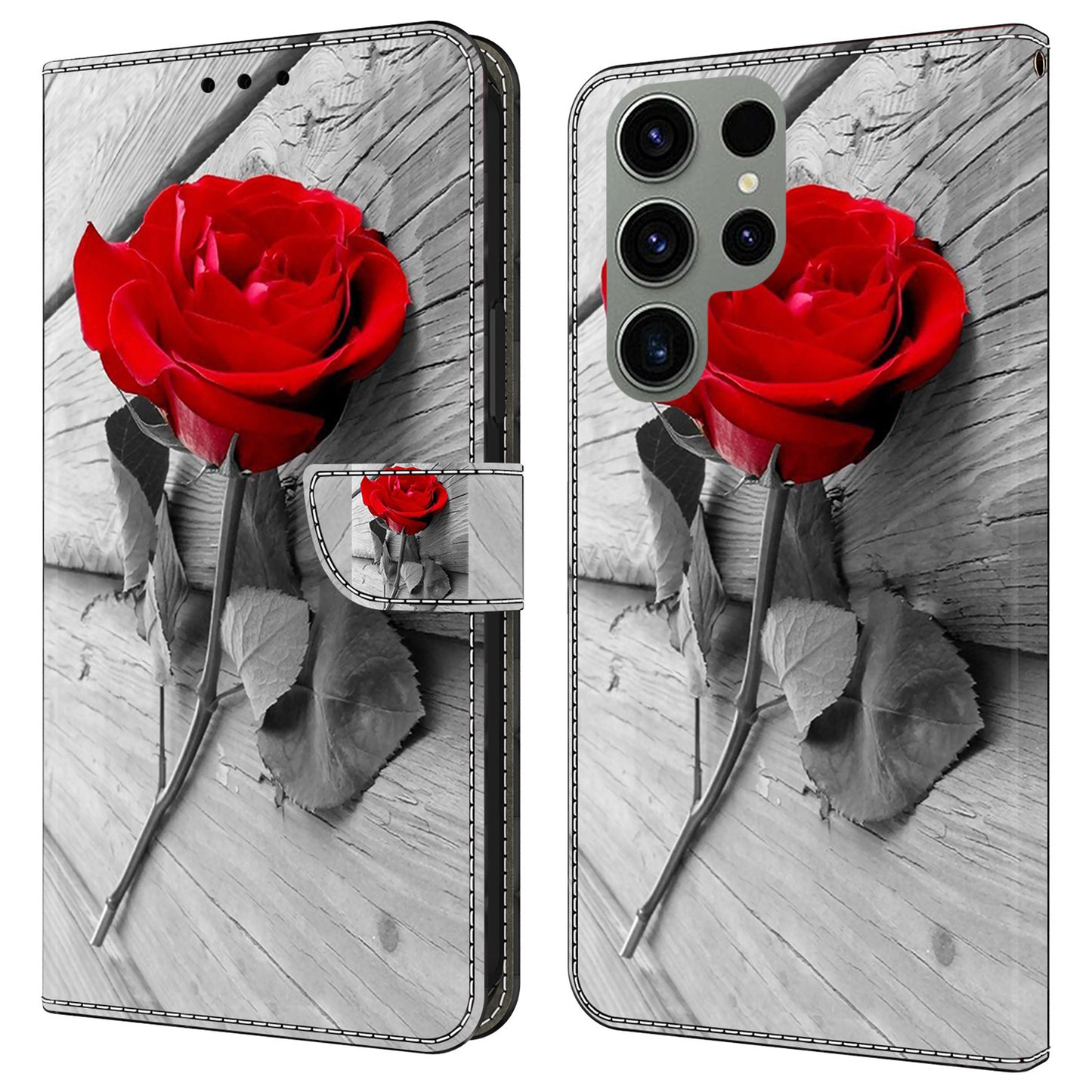 For Samsung Galaxy S24 Ultra Case Anti-fall PU Leather+TPU 3D Pattern Phone Guard Cover - Rose