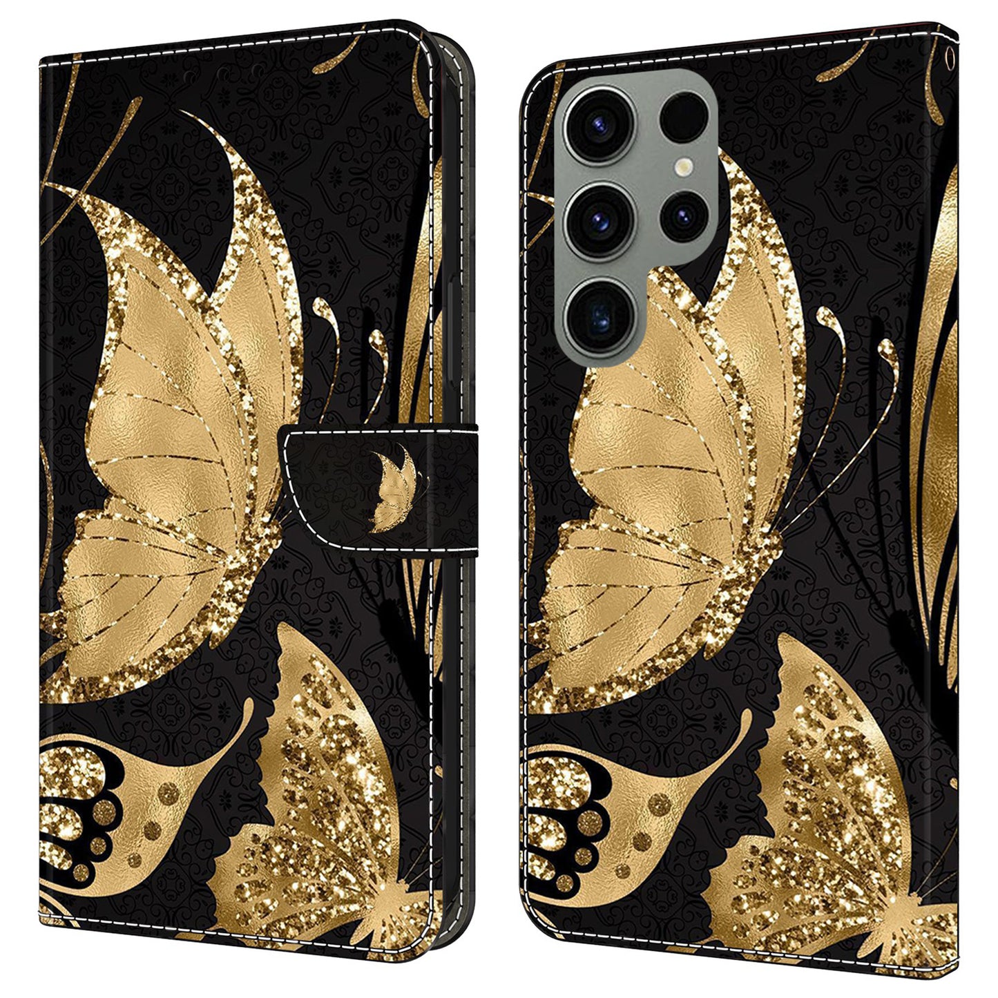 For Samsung Galaxy S24 Ultra Case Anti-fall PU Leather+TPU 3D Pattern Phone Guard Cover - Golden Butterfly