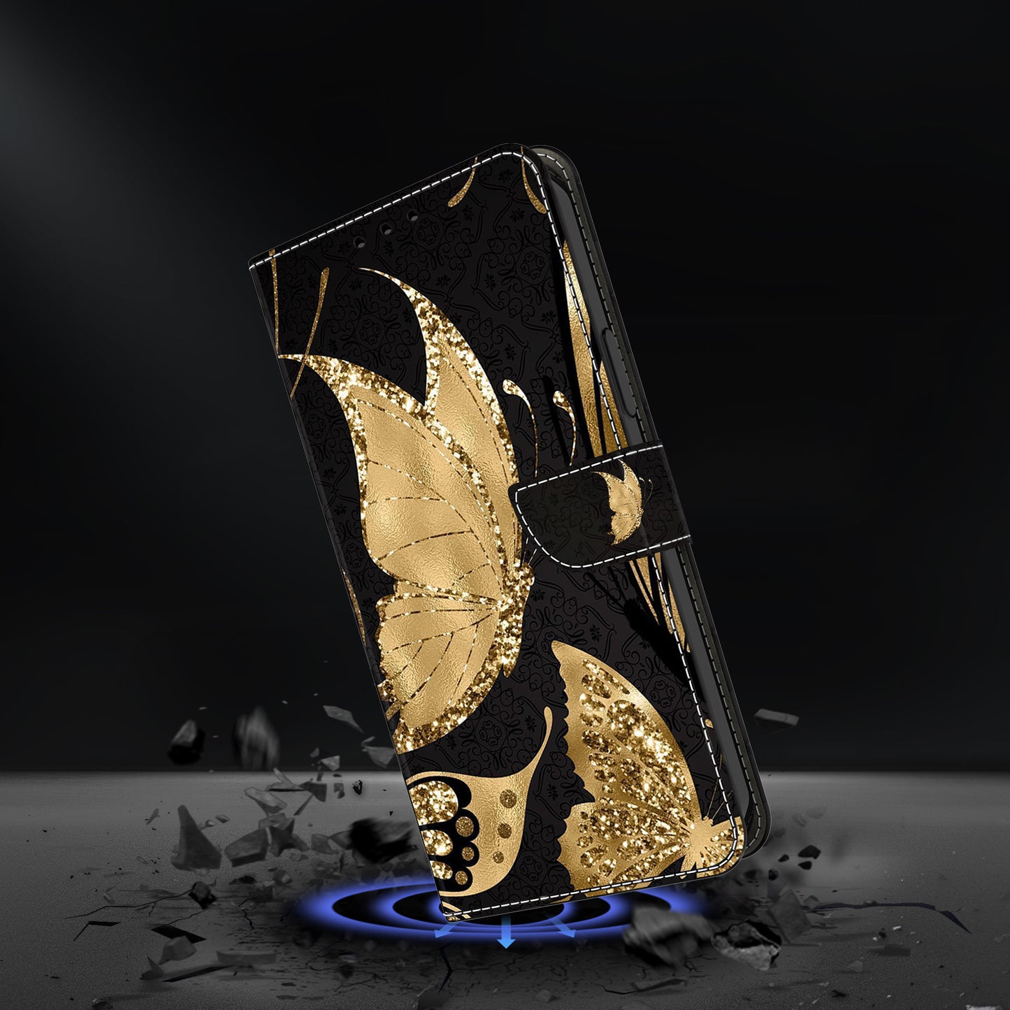 For Samsung Galaxy S24 Ultra Case Anti-fall PU Leather+TPU 3D Pattern Phone Guard Cover - Golden Butterfly