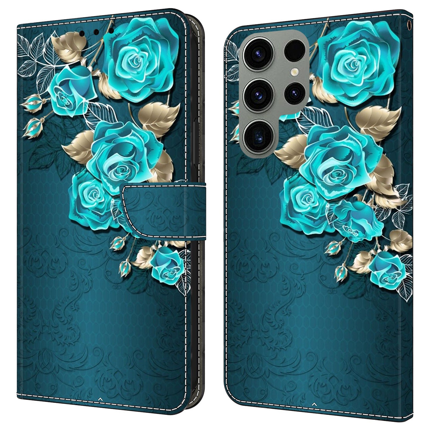 For Samsung Galaxy S24 Ultra Case Anti-fall PU Leather+TPU 3D Pattern Phone Guard Cover - Blue Rose