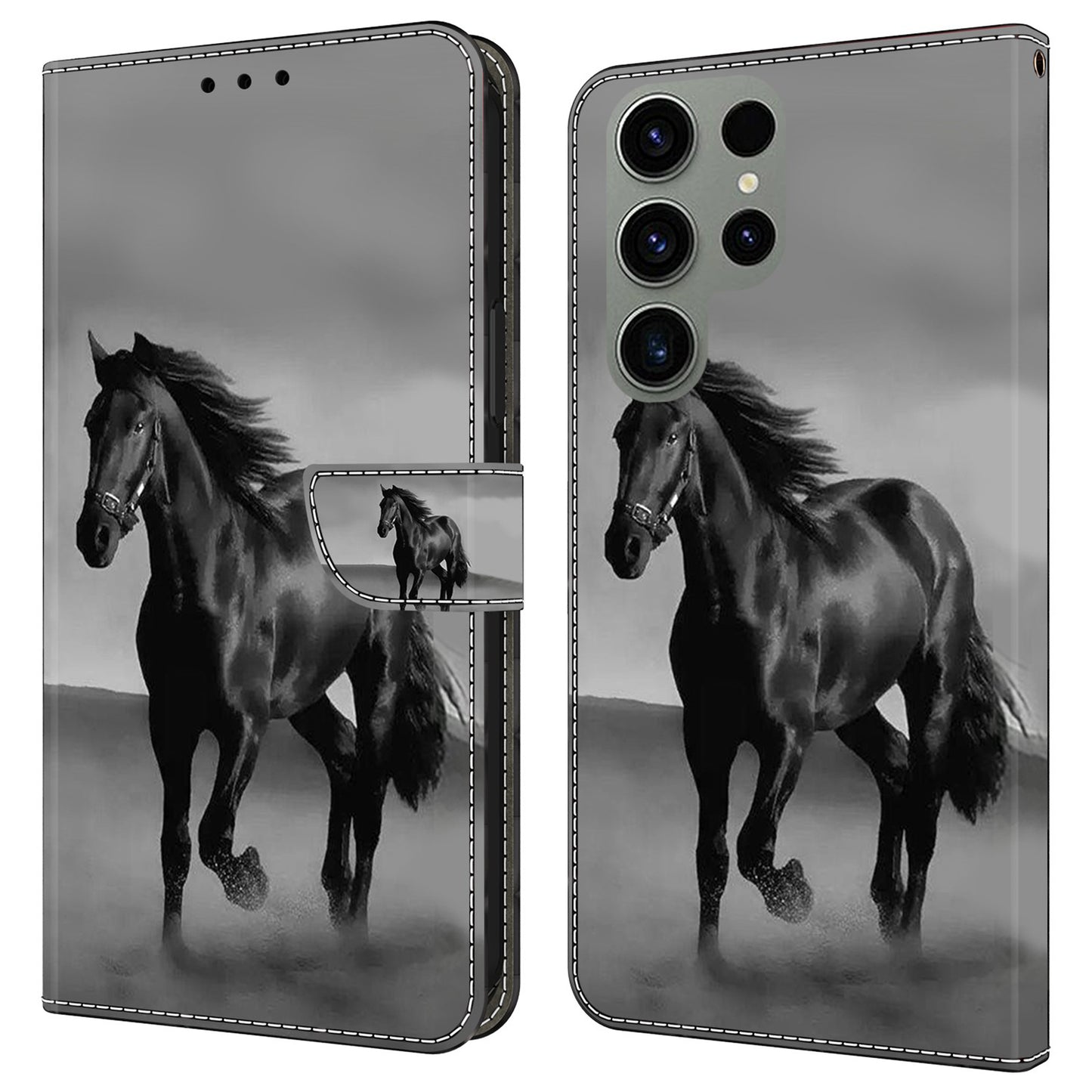 For Samsung Galaxy S24 Ultra Case Anti-fall PU Leather+TPU 3D Pattern Phone Guard Cover - Black Horse