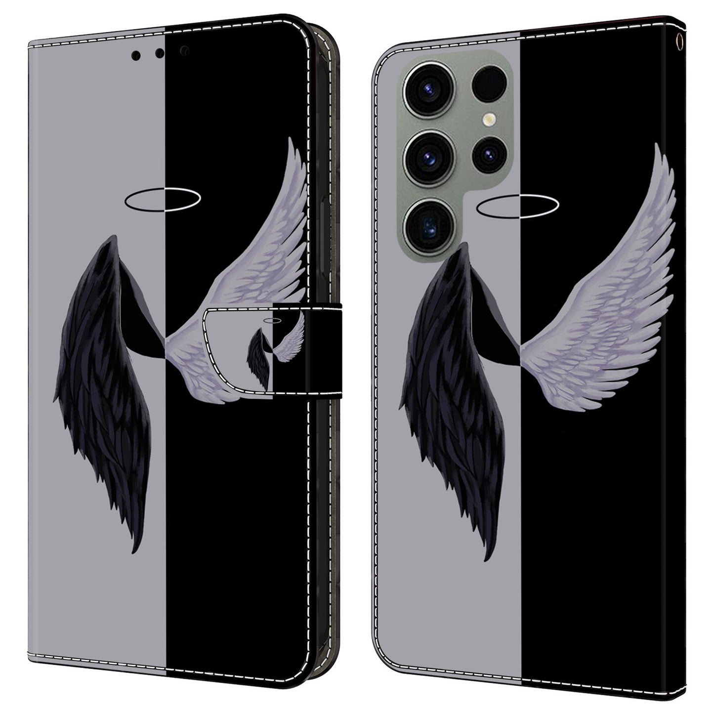 For Samsung Galaxy S24 Ultra Case Anti-fall PU Leather+TPU 3D Pattern Phone Guard Cover - Black  /  White Wings