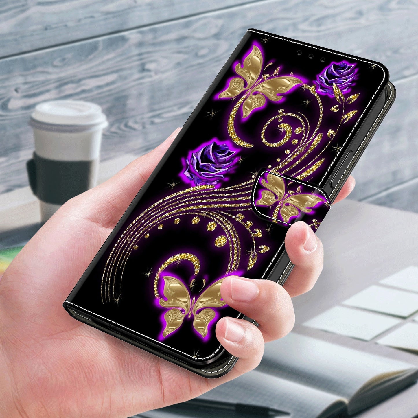 For Samsung Galaxy S24 Ultra Wallet Case PU Leather 3D Pattern Printing Stand Cover - Purple Flowers / Butterflies
