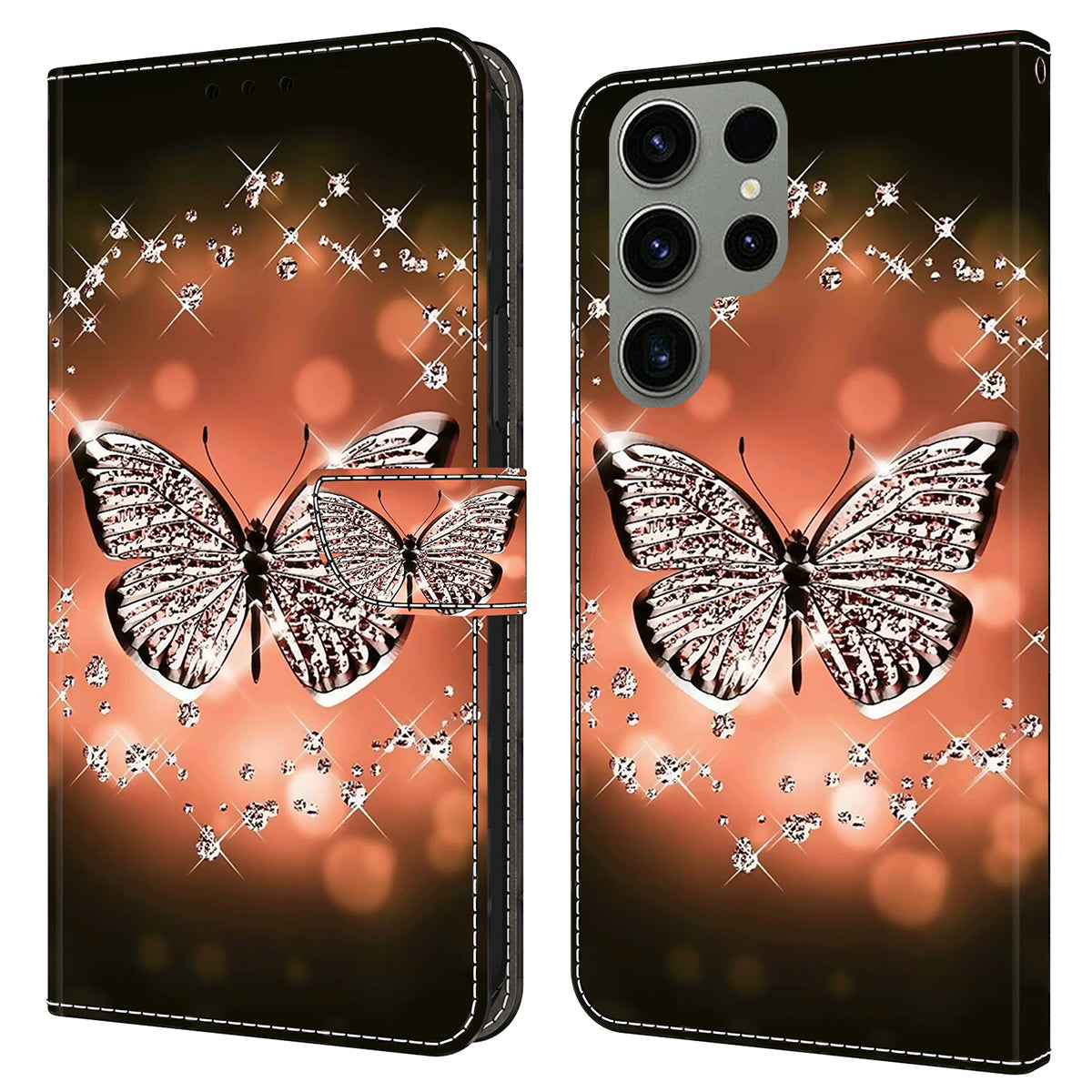 For Samsung Galaxy S24 Ultra Wallet Case PU Leather 3D Pattern Printing Stand Cover - Crystal Butterfly