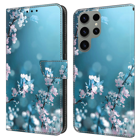 For Samsung Galaxy S24 Ultra Wallet Case PU Leather 3D Pattern Printing Stand Cover - Plum Blossoms