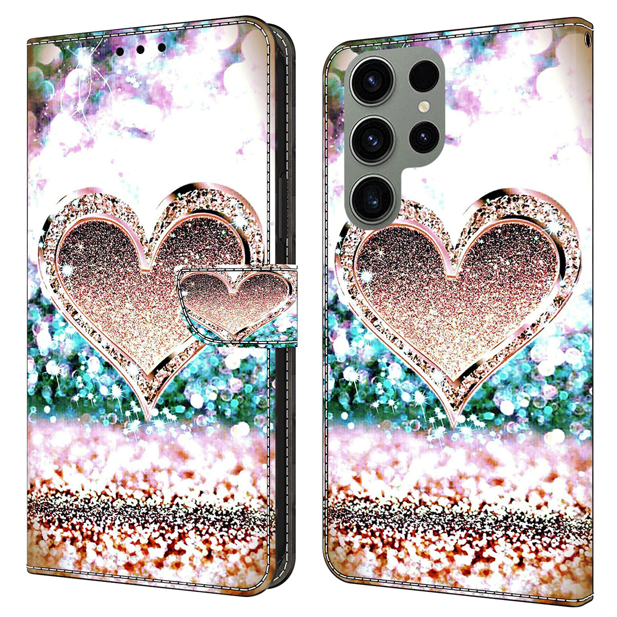 For Samsung Galaxy S24 Ultra Wallet Case PU Leather 3D Pattern Printing Stand Cover - Pink Diamond Heart