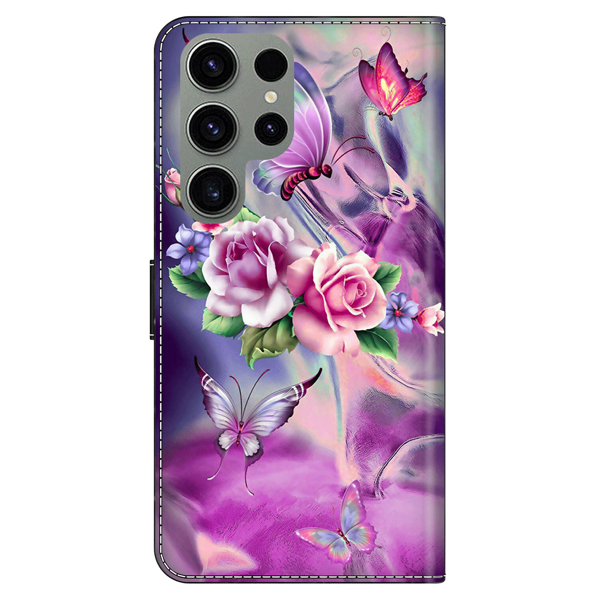 For Samsung Galaxy S24 Ultra Wallet Case PU Leather 3D Pattern Printing Stand Cover - Butterflies / Flowers