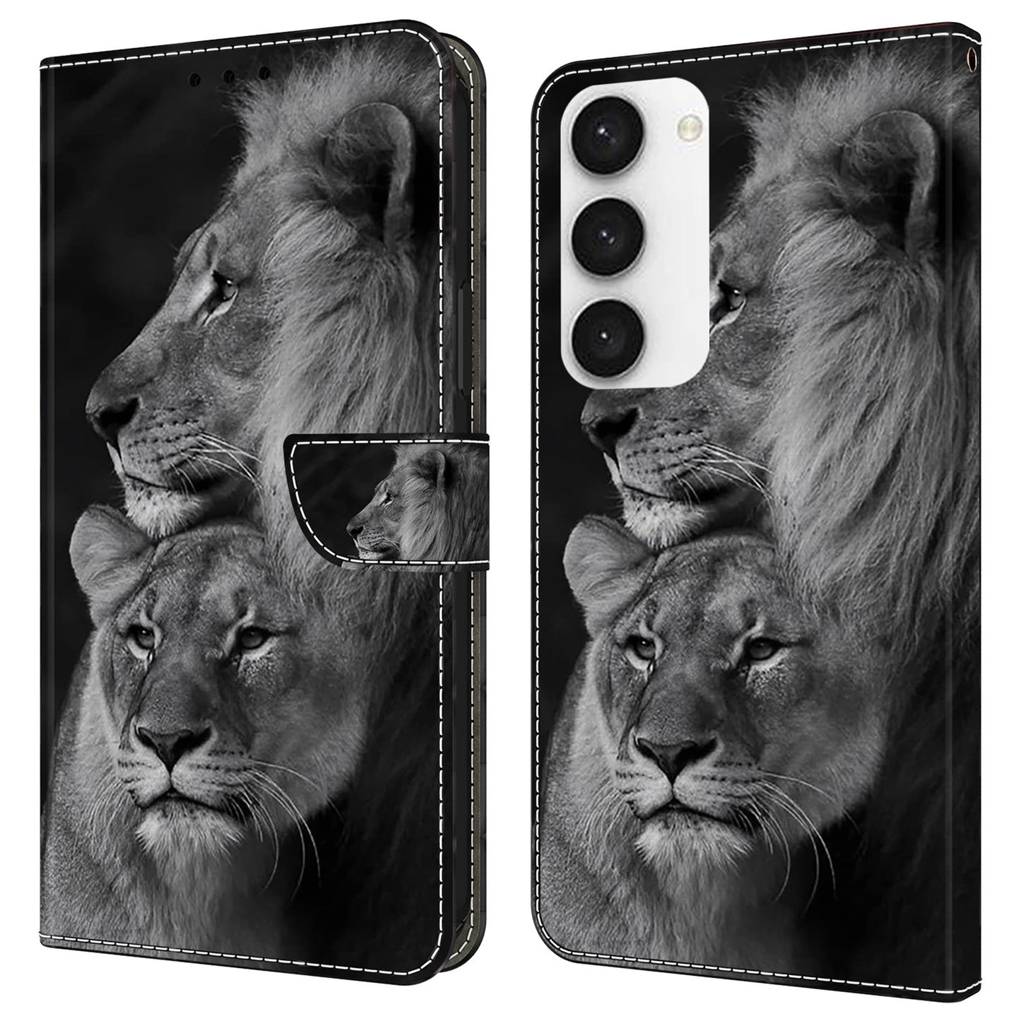 For Samsung Galaxy S24 Cell Phone Case Leather 3D Pattern Card Slot Protective Cover - Couple Lions
