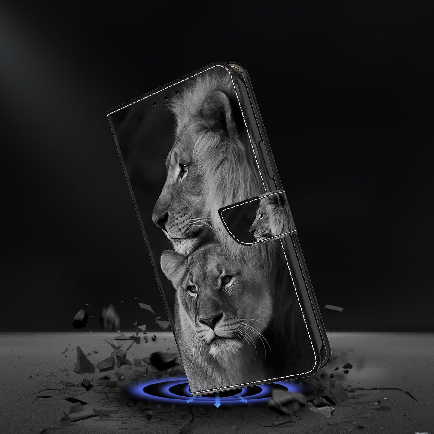 For Samsung Galaxy S24 Cell Phone Case Leather 3D Pattern Card Slot Protective Cover - Couple Lions