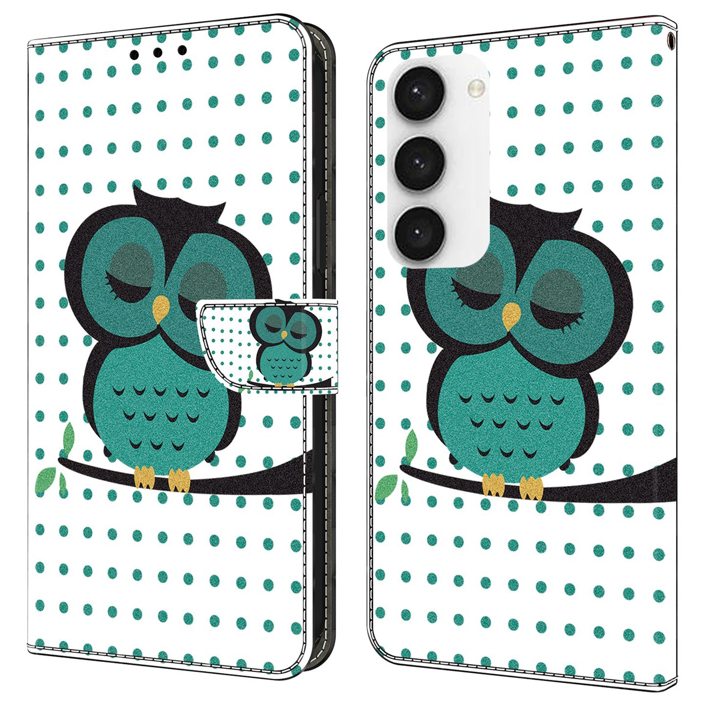 For Samsung Galaxy S24 Cell Phone Case Leather 3D Pattern Card Slot Protective Cover - Sleeping Owl