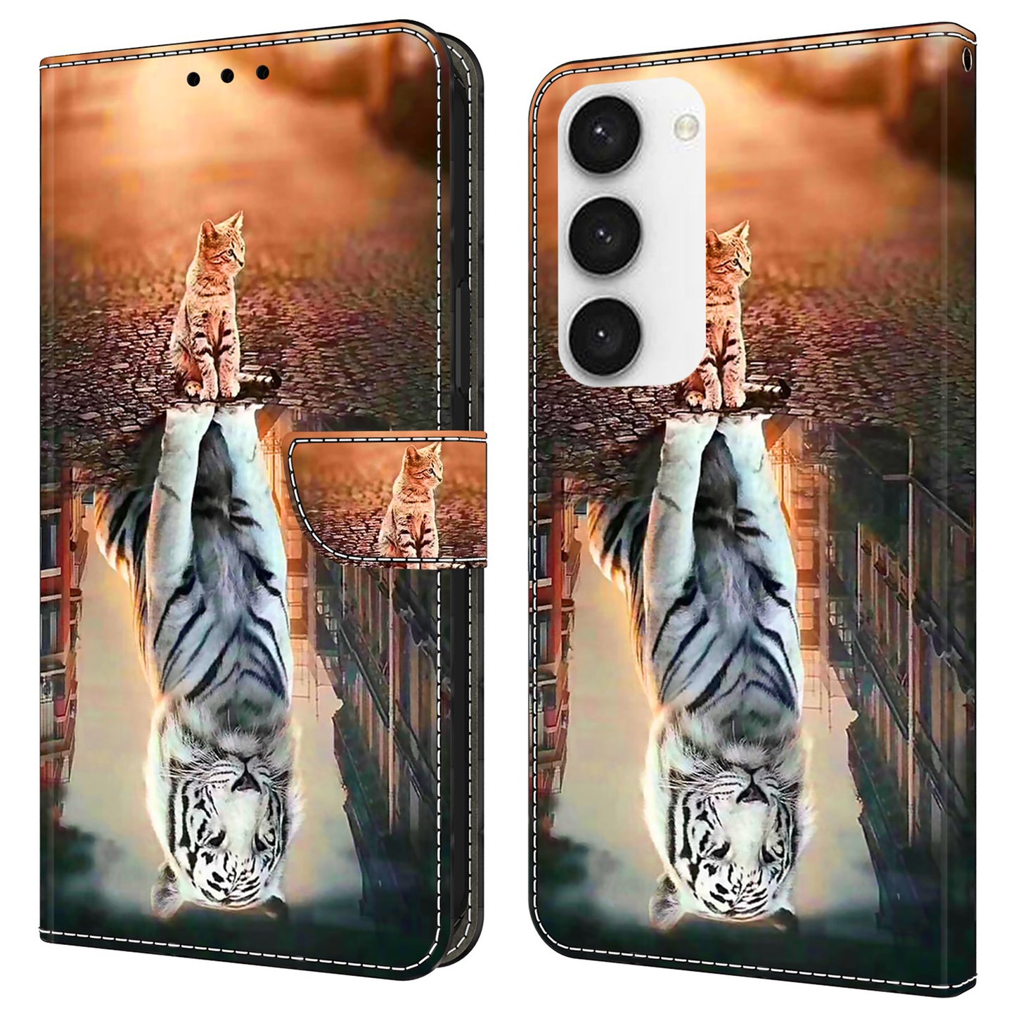 For Samsung Galaxy S24 Cell Phone Case Leather 3D Pattern Card Slot Protective Cover - Cat and Tiger