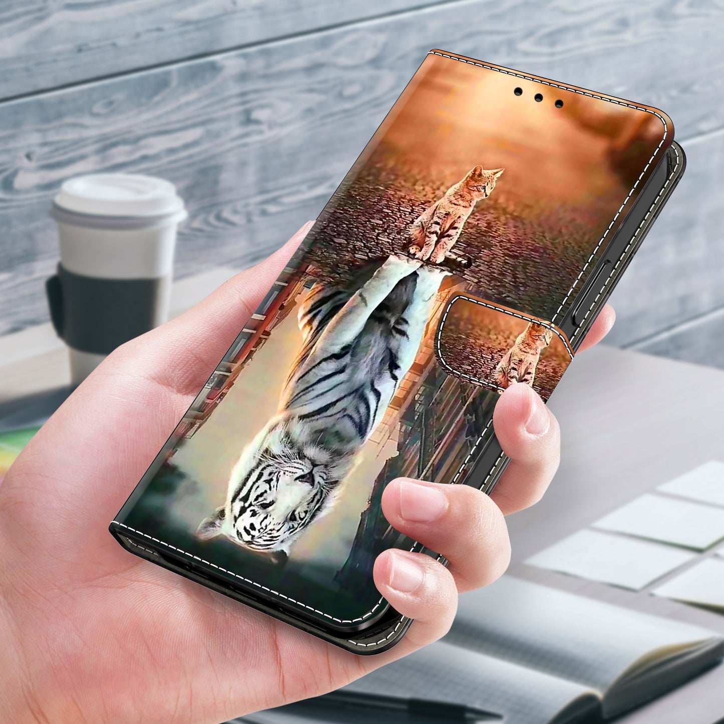 For Samsung Galaxy S24 Cell Phone Case Leather 3D Pattern Card Slot Protective Cover - Cat and Tiger