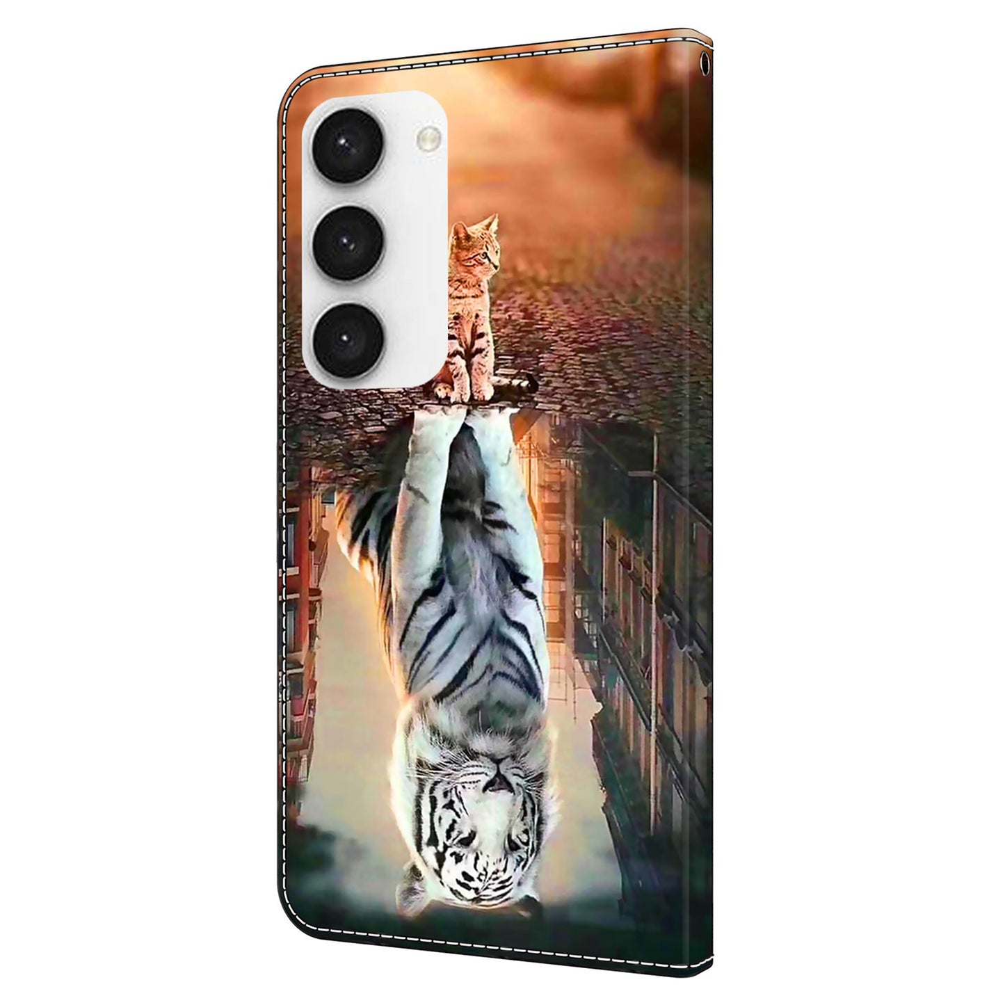 For Samsung Galaxy S24 Cell Phone Case Leather 3D Pattern Card Slot Protective Cover - Cat and Tiger