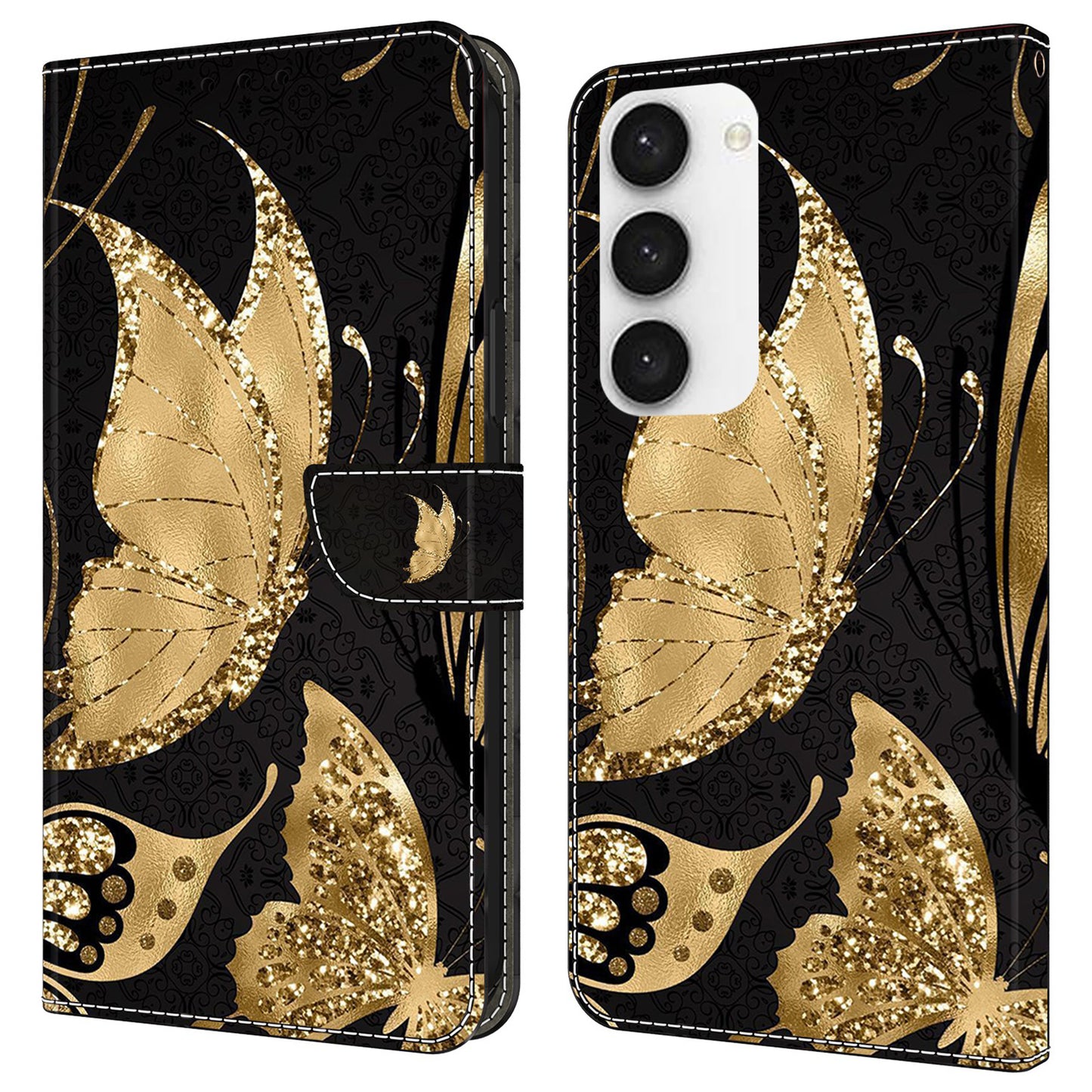 For Samsung Galaxy S24 Cell Phone Case Leather 3D Pattern Card Slot Protective Cover - Golden Butterfly