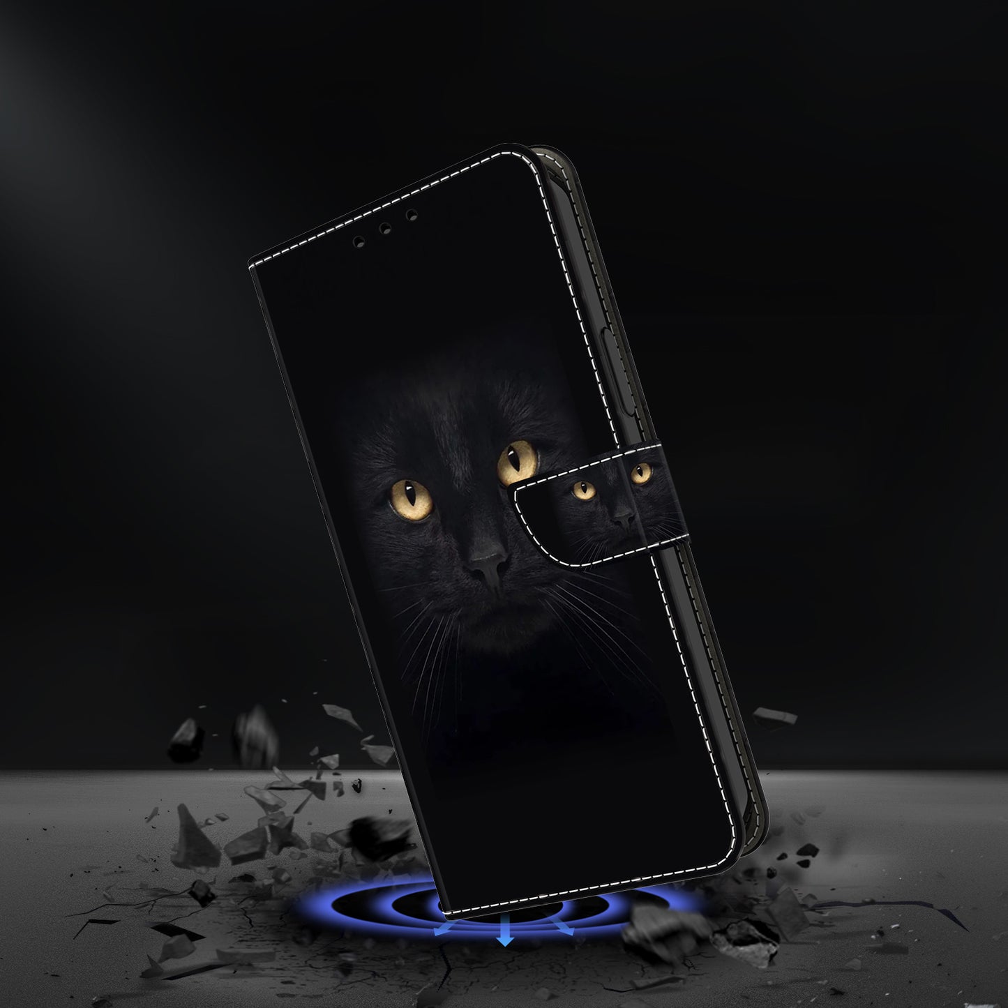 For Samsung Galaxy S24 Cell Phone Case Leather 3D Pattern Card Slot Protective Cover - Black Cat