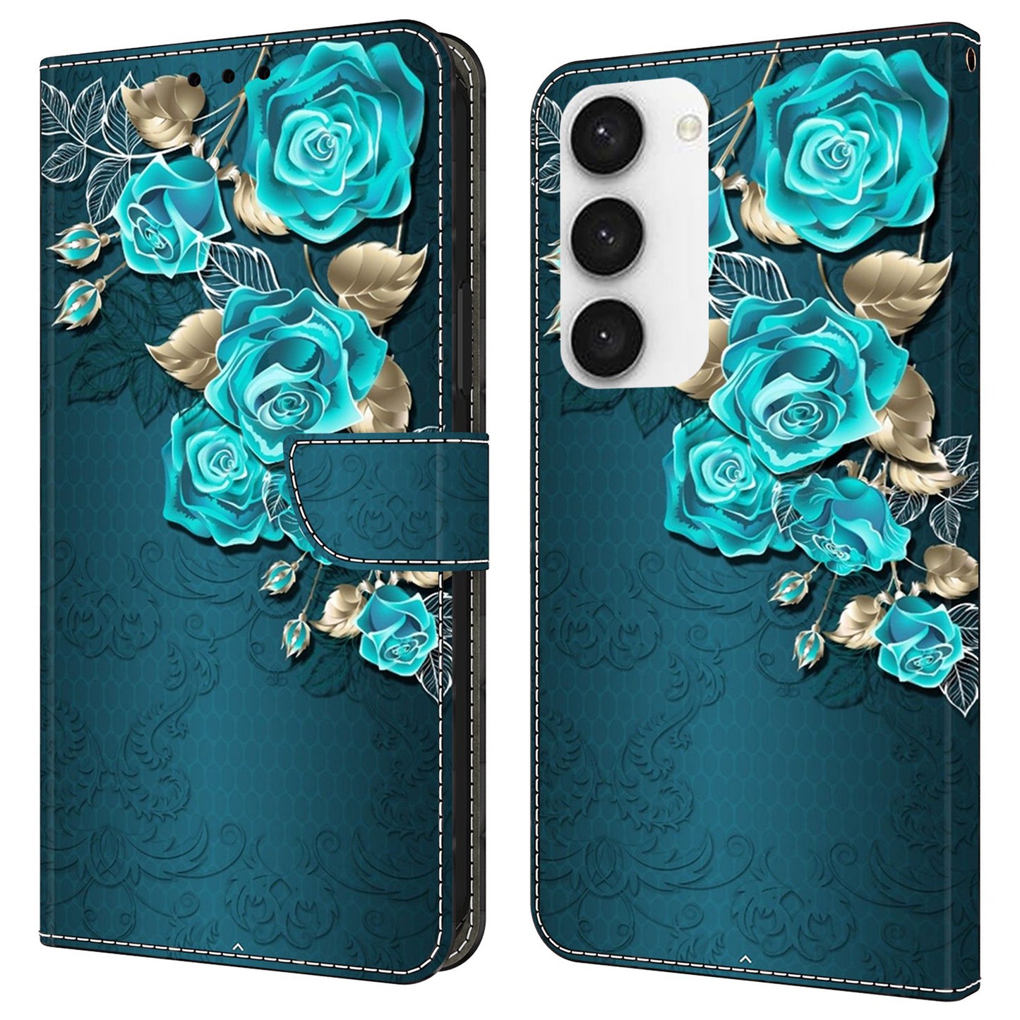For Samsung Galaxy S24 Cell Phone Case Leather 3D Pattern Card Slot Protective Cover - Blue Rose