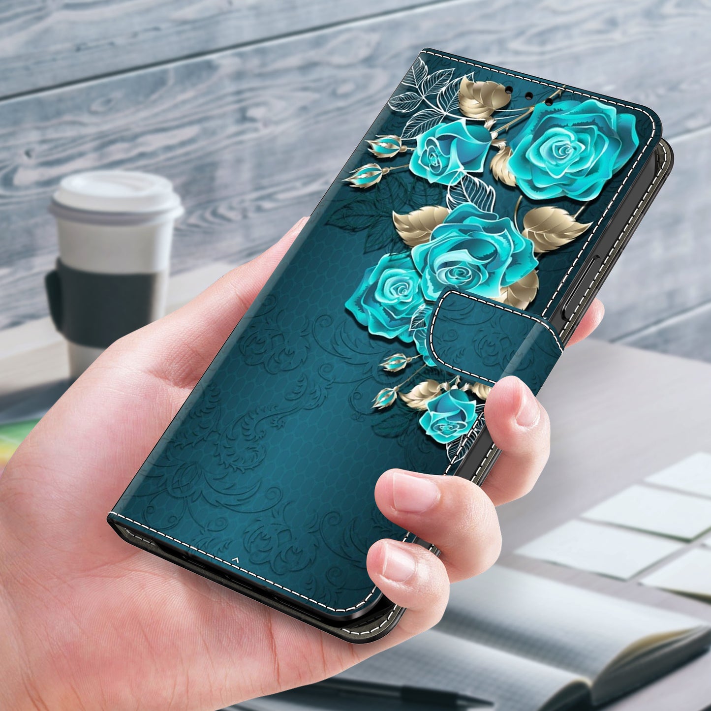 For Samsung Galaxy S24 Cell Phone Case Leather 3D Pattern Card Slot Protective Cover - Blue Rose