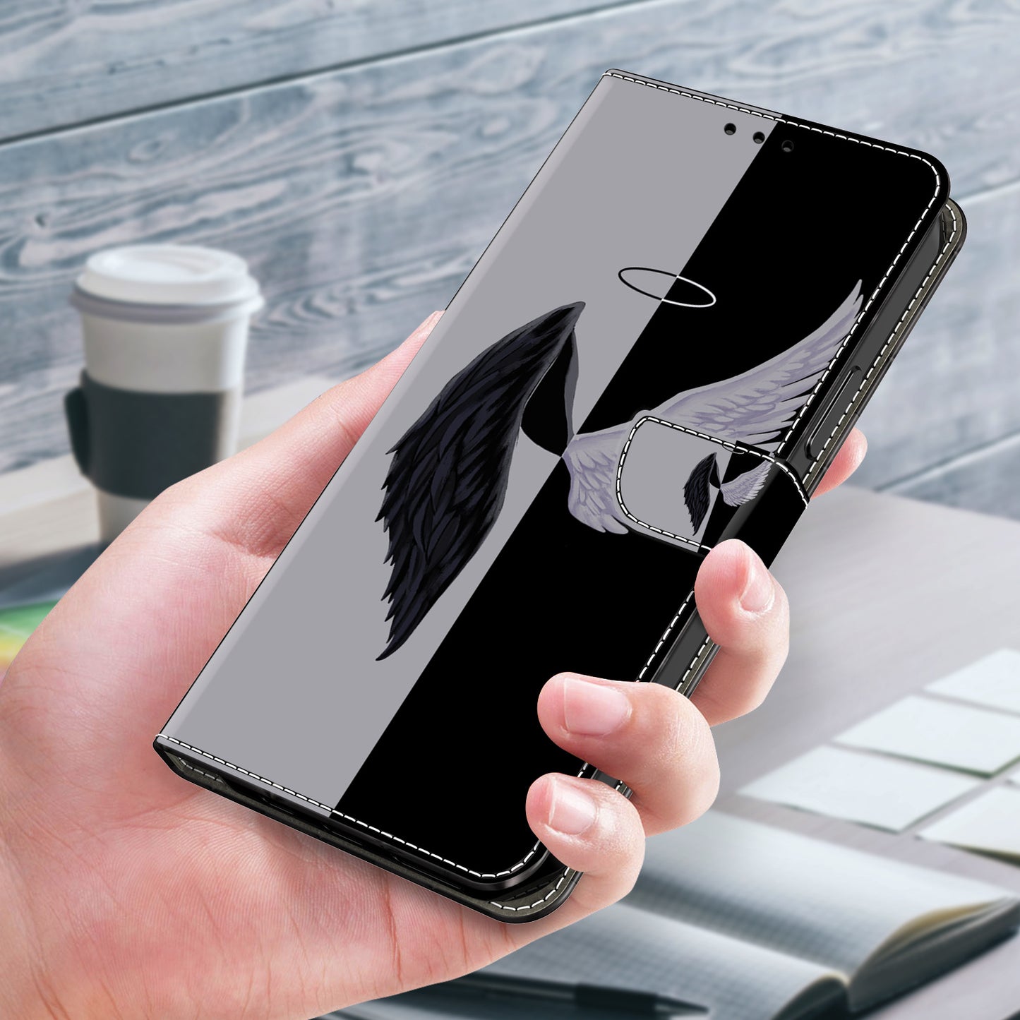 For Samsung Galaxy S24 Cell Phone Case Leather 3D Pattern Card Slot Protective Cover - Black  /  White Wings