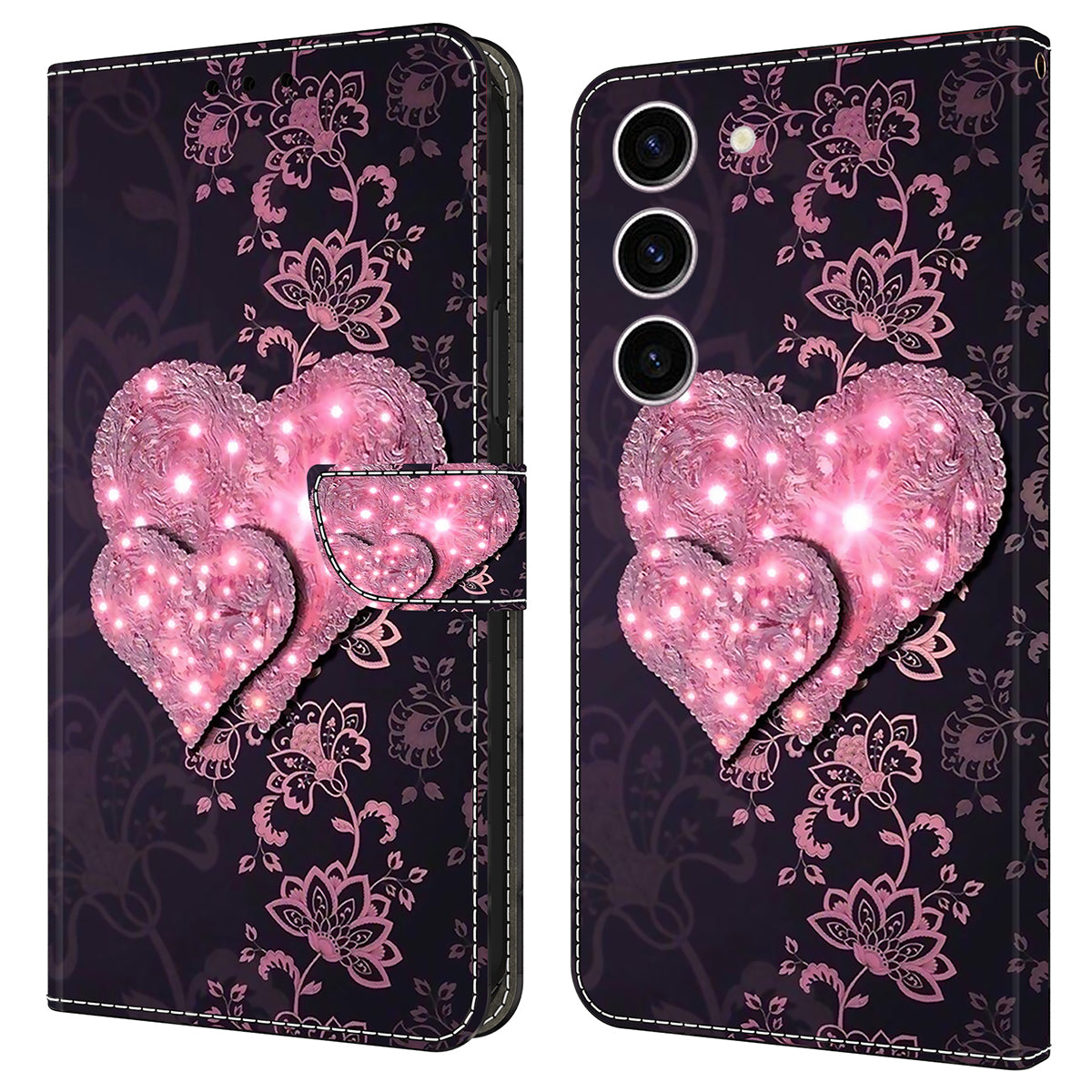 For Samsung Galaxy S24 Case 3D Pattern Printing Anti-drop Leather Cover - Lace Hearts