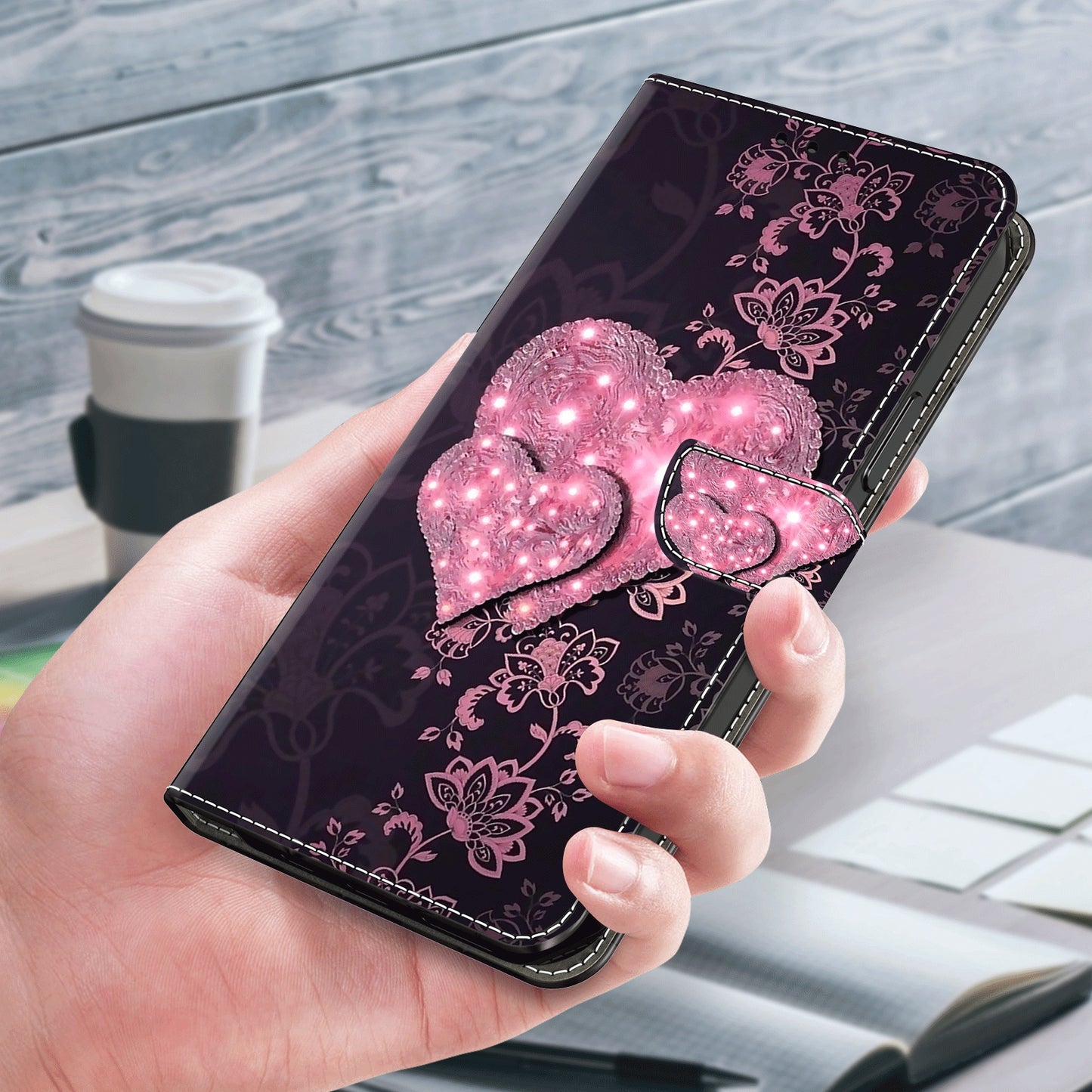 For Samsung Galaxy S24 Case 3D Pattern Printing Anti-drop Leather Cover - Lace Hearts