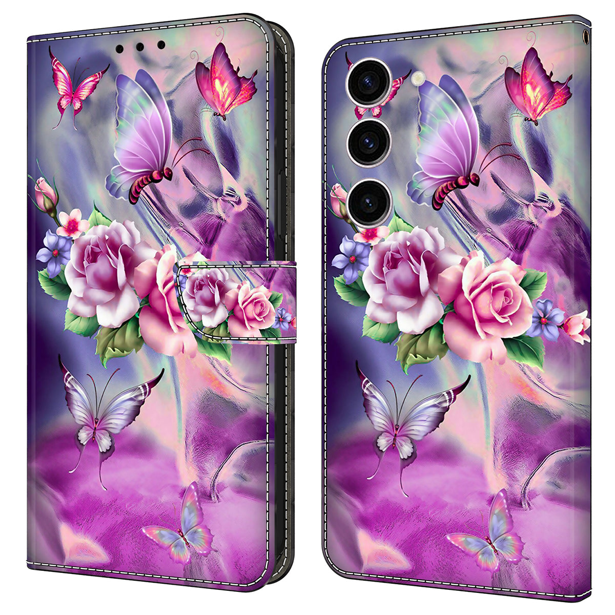 For Samsung Galaxy S24 Case 3D Pattern Printing Anti-drop Leather Cover - Butterflies / Flowers