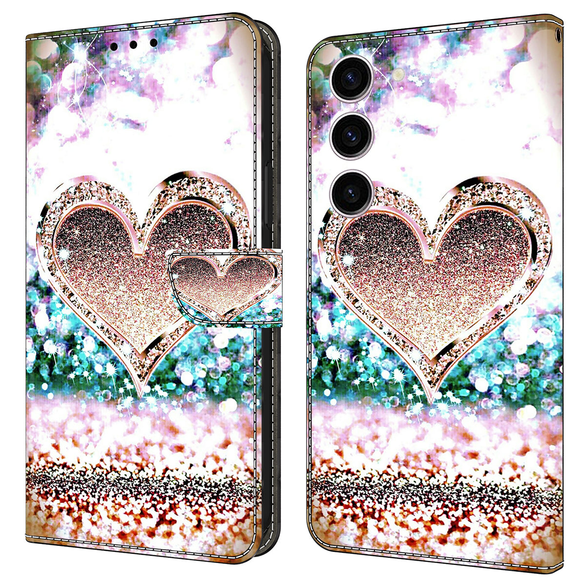 For Samsung Galaxy S24 Case 3D Pattern Printing Anti-drop Leather Cover - Pink Diamond Heart