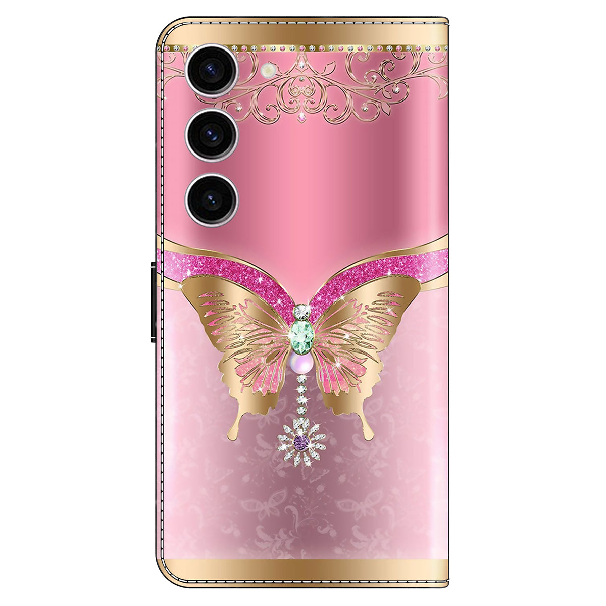For Samsung Galaxy S24 Case 3D Pattern Printing Anti-drop Leather Cover - Pink / Gold Butterfly