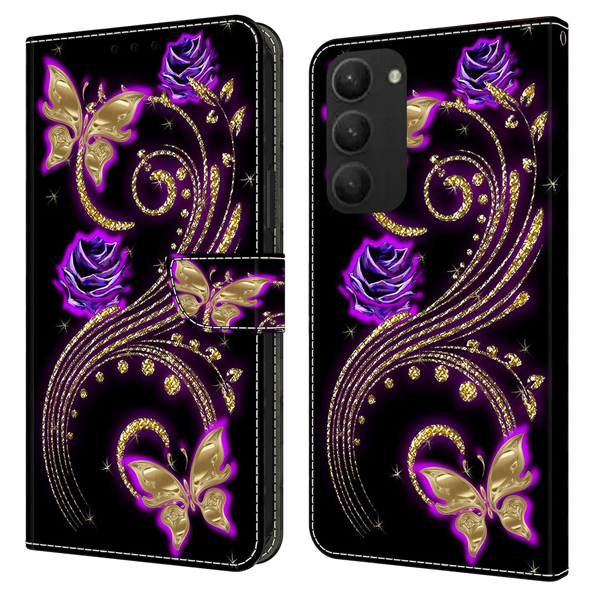 For Samsung Galaxy S24+ Case Stand Wallet Leather Cover with 3D Pattern Printing - Purple Flowers / Butterflies