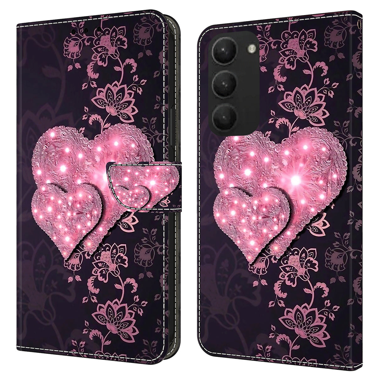 For Samsung Galaxy S24+ Case Stand Wallet Leather Cover with 3D Pattern Printing - Lace Hearts