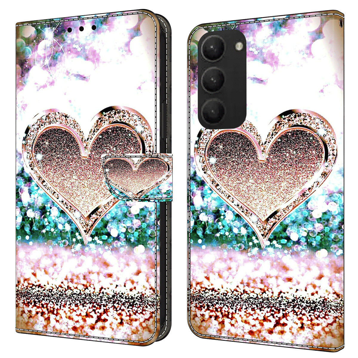 For Samsung Galaxy S24+ Case Stand Wallet Leather Cover with 3D Pattern Printing - Pink Diamond Heart