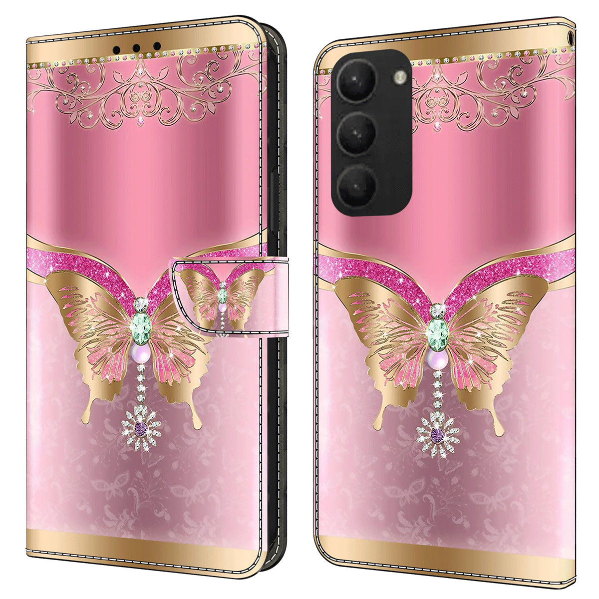 For Samsung Galaxy S24+ Case Stand Wallet Leather Cover with 3D Pattern Printing - Pink / Gold Butterfly