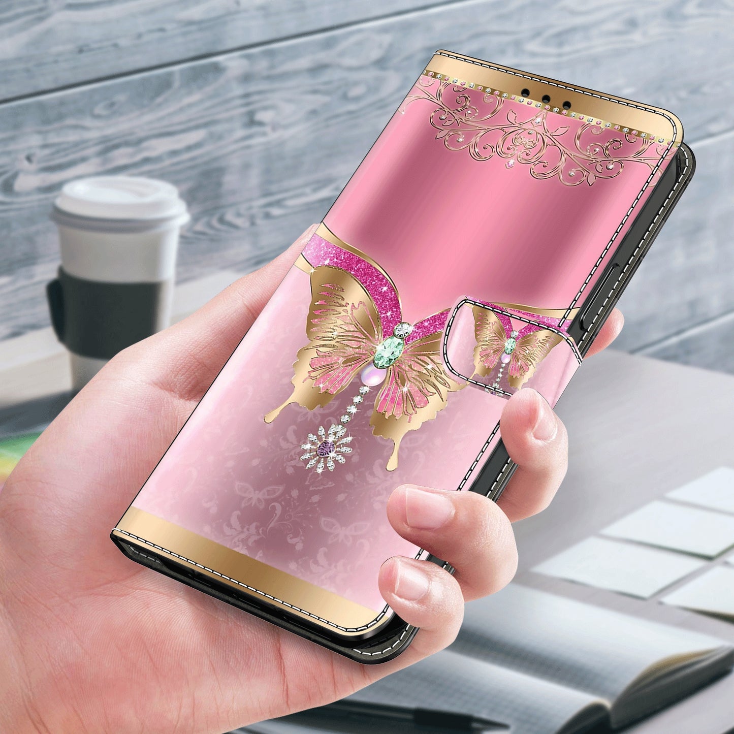 For Samsung Galaxy S24+ Case Stand Wallet Leather Cover with 3D Pattern Printing - Pink / Gold Butterfly
