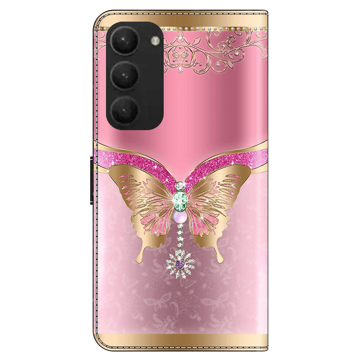 For Samsung Galaxy S24+ Case Stand Wallet Leather Cover with 3D Pattern Printing - Pink / Gold Butterfly