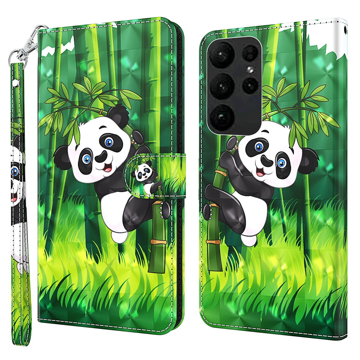 For Samsung Galaxy S24 Ultra Case 3D Pattern Leather Stand Phone Cover - Panda Climbing