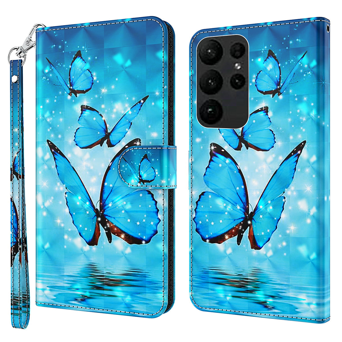 For Samsung Galaxy S24 Ultra Case 3D Pattern Leather Stand Phone Cover - Blue Butterflies