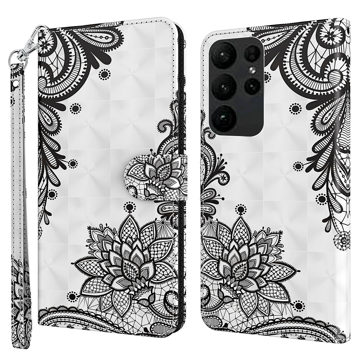 For Samsung Galaxy S24 Ultra Case 3D Pattern Leather Stand Phone Cover - Lace Flower