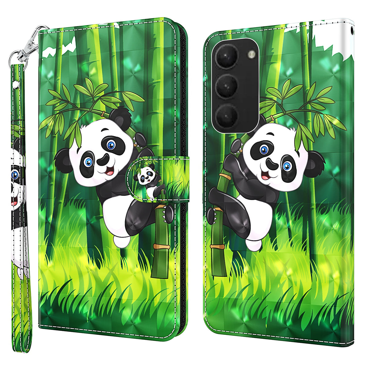 For Samsung Galaxy S24+ Leather 3D Pattern Case Flip Wrist Strap Cell Phone Cover - Panda Climbing