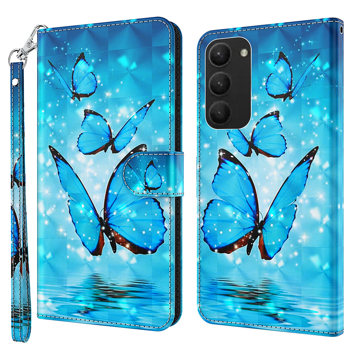 For Samsung Galaxy S24+ Leather 3D Pattern Case Flip Wrist Strap Cell Phone Cover - Blue Butterflies