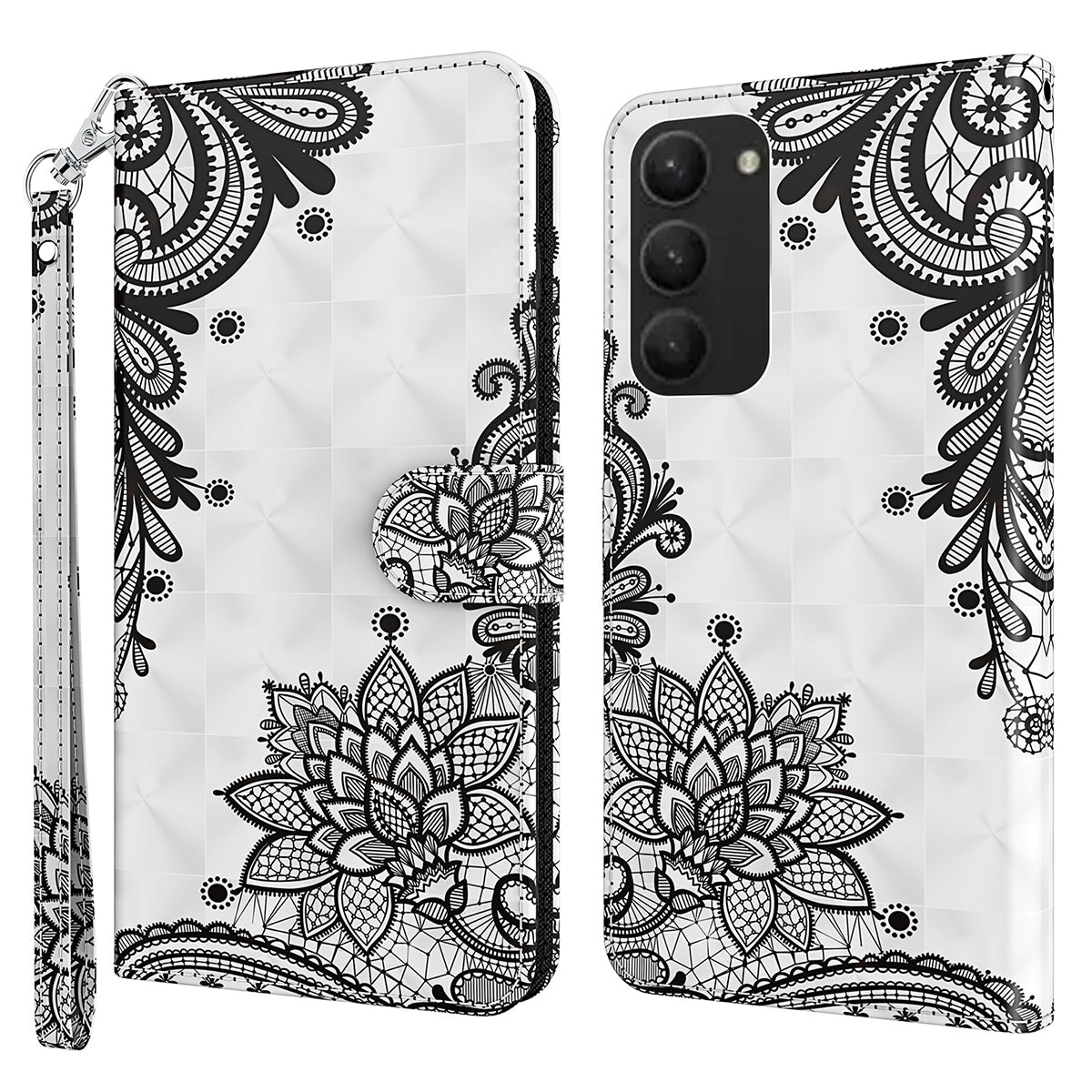 For Samsung Galaxy S24+ Leather 3D Pattern Case Flip Wrist Strap Cell Phone Cover - Lace Flower