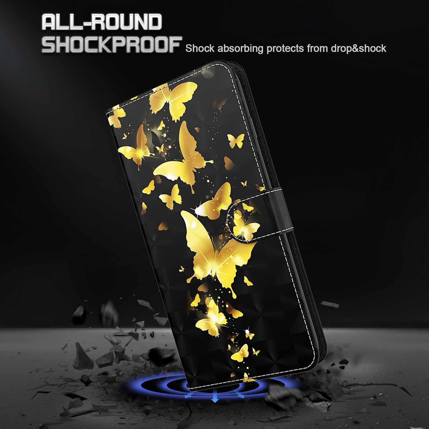 For Samsung Galaxy S24 Leather Phone Case Flip Wallet 3D Pattern Printing Cover - Golden Butterfly