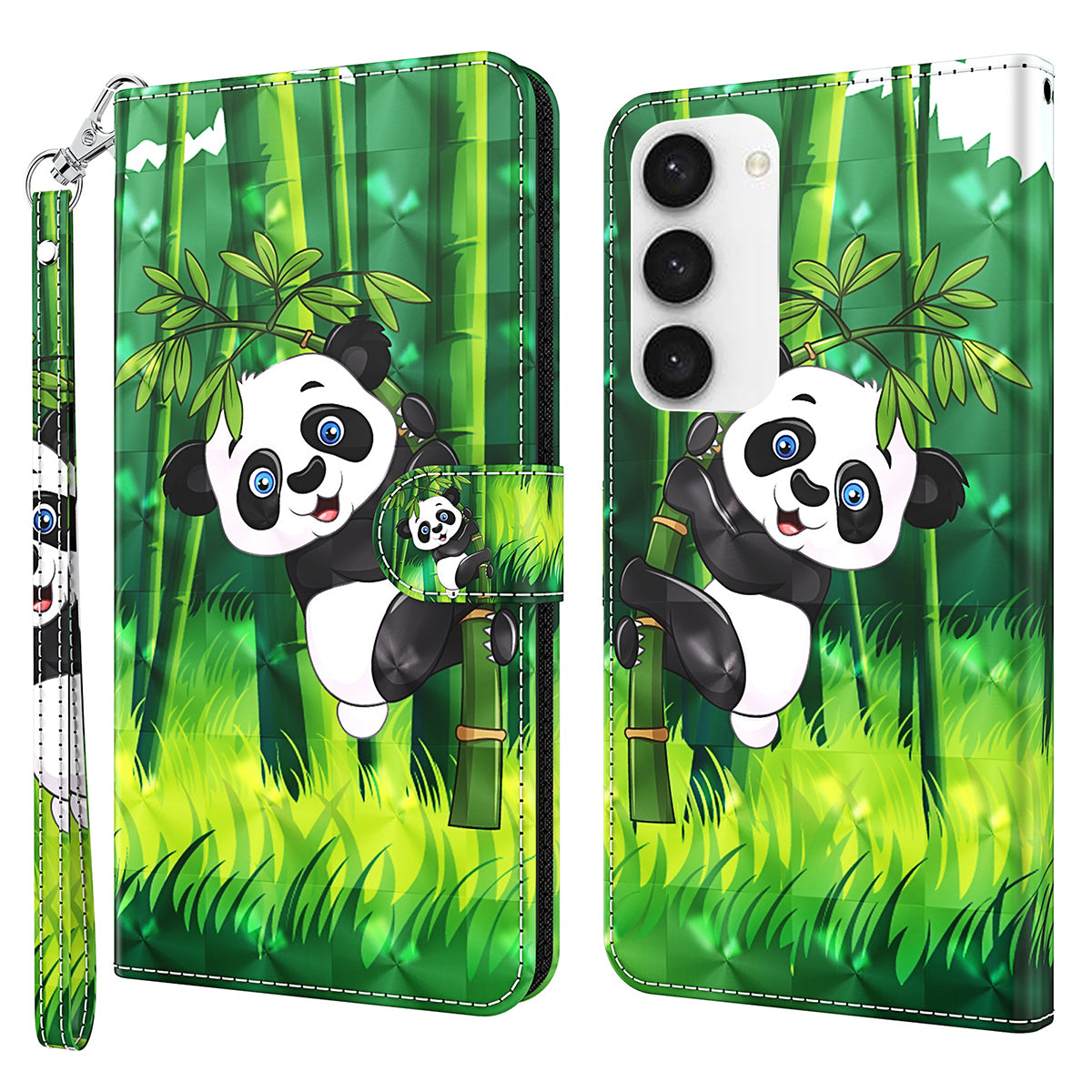 For Samsung Galaxy S24 Leather Phone Case Flip Wallet 3D Pattern Printing Cover - Panda Climbing