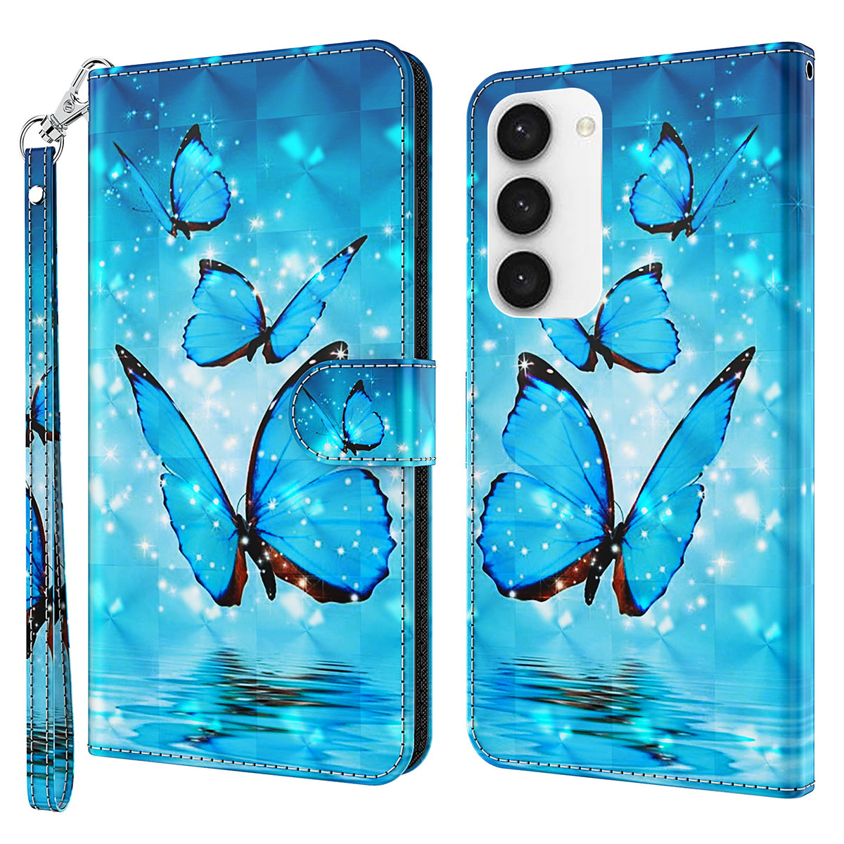 For Samsung Galaxy S24 Leather Phone Case Flip Wallet 3D Pattern Printing Cover - Blue Butterflies