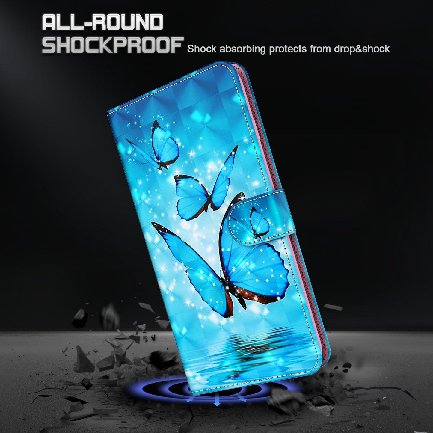 For Samsung Galaxy S24 Leather Phone Case Flip Wallet 3D Pattern Printing Cover - Blue Butterflies