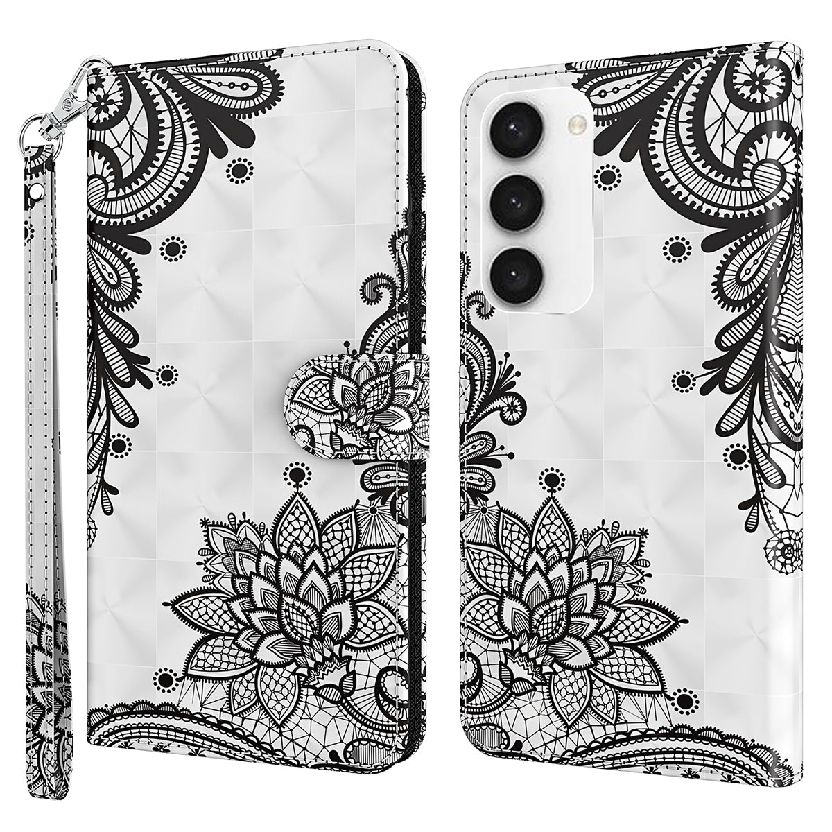 For Samsung Galaxy S24 Leather Phone Case Flip Wallet 3D Pattern Printing Cover - Lace Flower