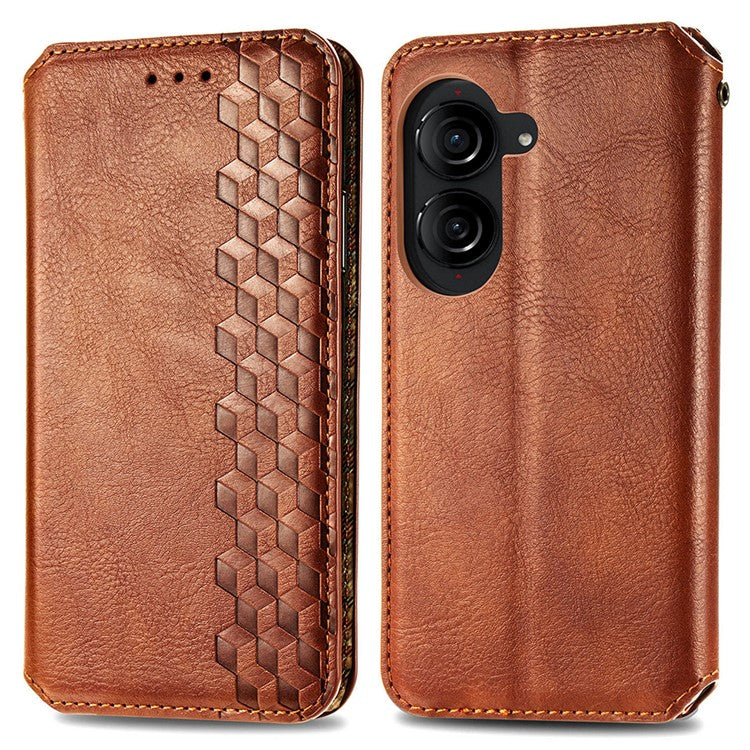 For Asus Zenfone 10 5G Magnetic Case PU Leather Rhombus Imprinted Anti-drop Phone Wallet Cover - Brown