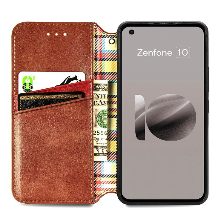 For Asus Zenfone 10 5G Magnetic Case PU Leather Rhombus Imprinted Anti-drop Phone Wallet Cover - Brown