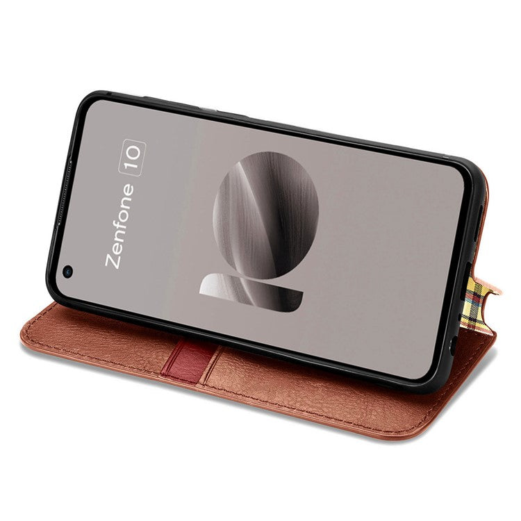 For Asus Zenfone 10 5G Magnetic Case PU Leather Rhombus Imprinted Anti-drop Phone Wallet Cover - Brown