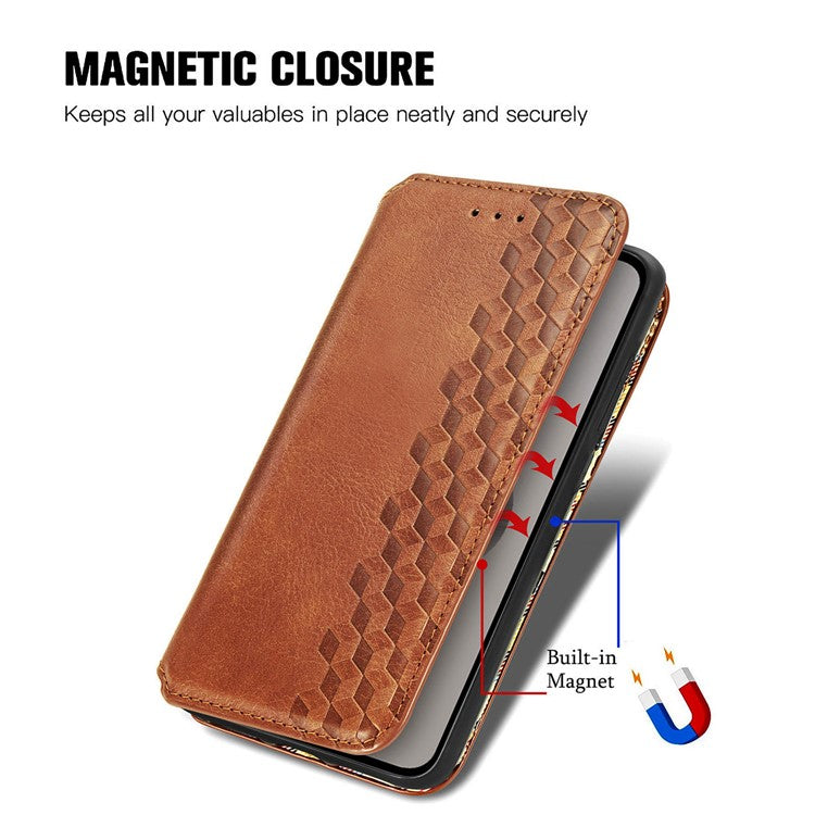 For Asus Zenfone 10 5G Magnetic Case PU Leather Rhombus Imprinted Anti-drop Phone Wallet Cover - Brown